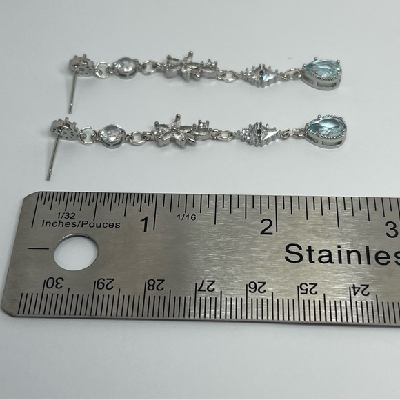 Silver White and Blue Rhinestone Dangle Earrings - Picture 3 of 3